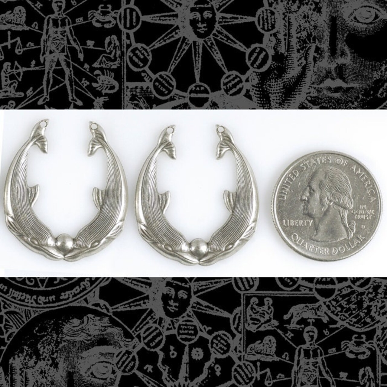 Antiqued Silver Plated Brass Double Dolphin Pendants - Set of Two - S-P48